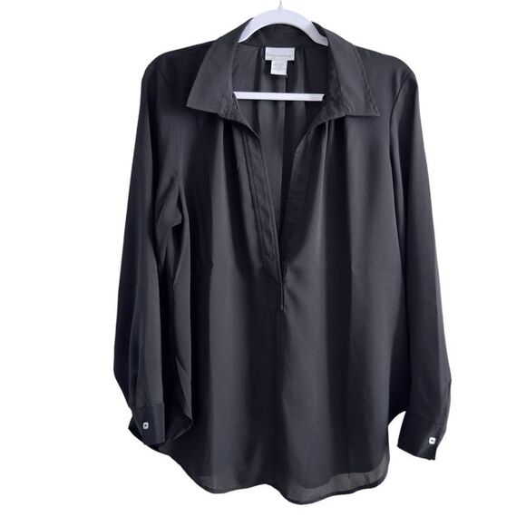 Soft Surroundings Black Tunic Blouse Deep V-Neck Collared Semi Sheer‎ Size LP - Picture 1 of 7